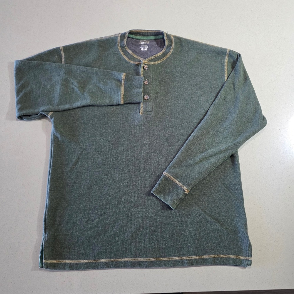 Sport Mens Waffle Knit Henley Shirt Long Sleeve Green Cotton Blend Size Large